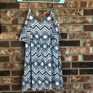 Blue & White Print Dress w/ Thin Straps & Low Back